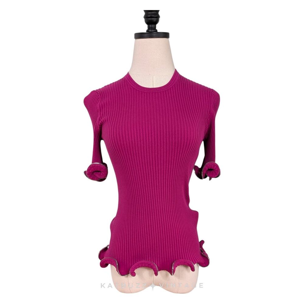 Alexander Wang Sweater Top M Pink Zipper Ruffle Ribbed Knit Short Sleeve Glam - Picture 3 of 13